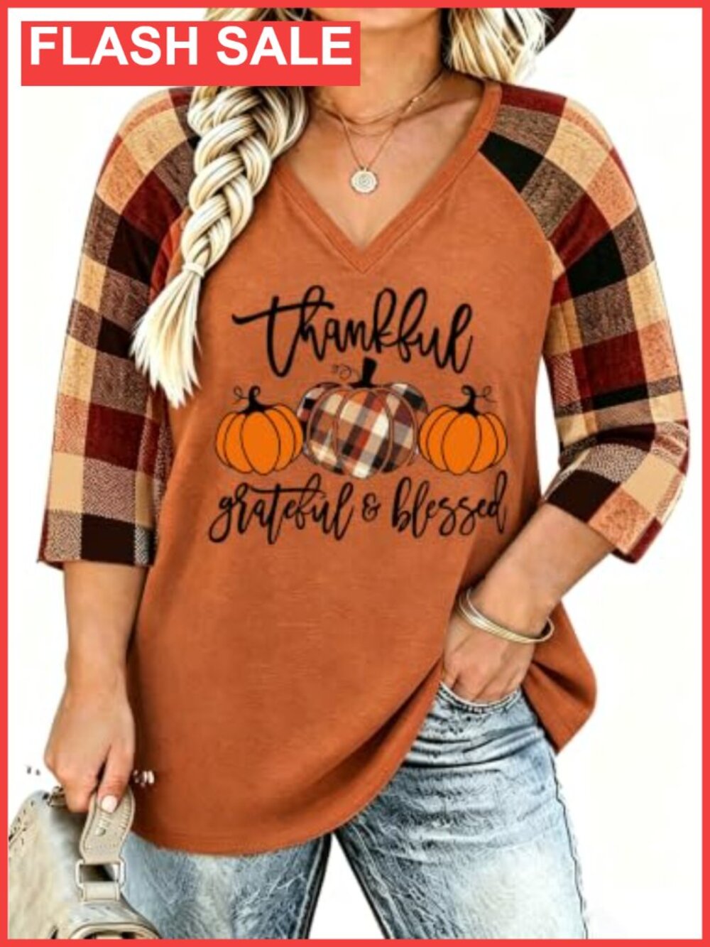 Plus Size Thanksgiving T-Shirt 3/4 Sleeve V-Neck Thankful Grateful Top